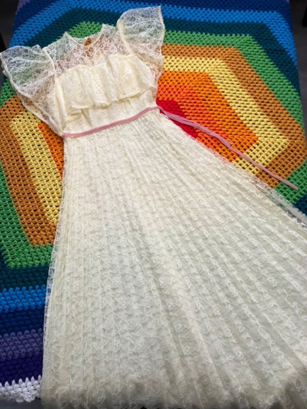 70's Vintage Sunshine Yellow Lace Chiffon Pleated Prom Dance Cocktail Maxi Dress
